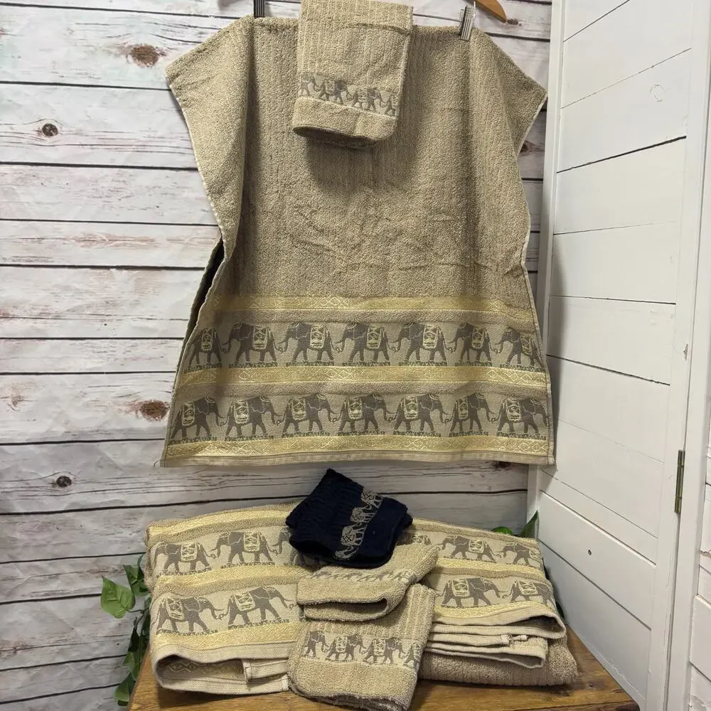 Charter Club 3 Bath Towels 4 Wash Cloth Elephant Safari Egyptian Gold Camel NEW